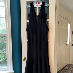 BCBG MaxAzria size 2 black formal mermaid-style dress with peplum flair at waist